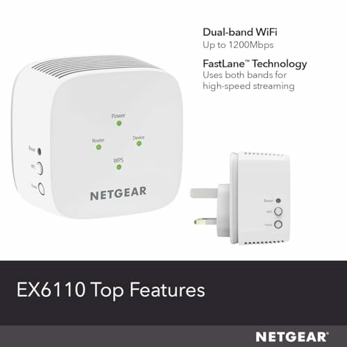 NETGEAR EX6110 WiFi extender showcasing dual-band WiFi and FastLane technology