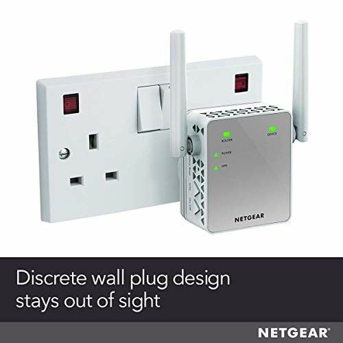 NETGEAR WiFi extender plugged into wall socket with antennas.