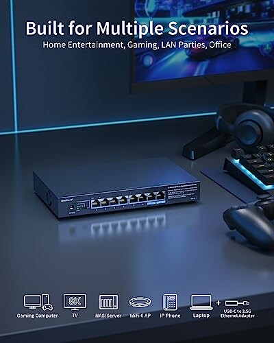 Network switch on desk with gaming setup and connectivity icons.