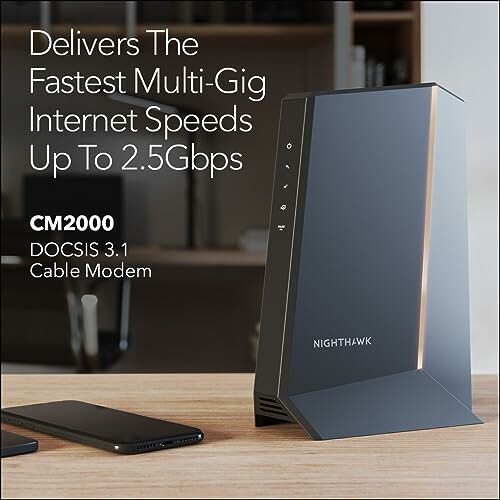 Nighthawk CM2000 cable modem with 2.5Gbps speed capability.