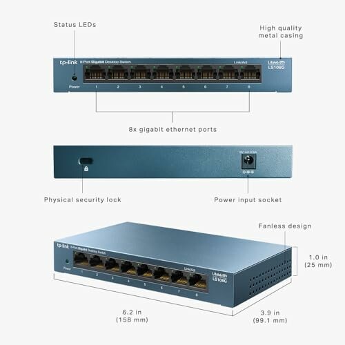 TP-Link network switch with energy-efficient technology, gigabit ports, and fanless design.