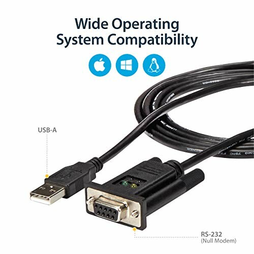 USB-A to RS-232 cable with wide operating system compatibility icons.