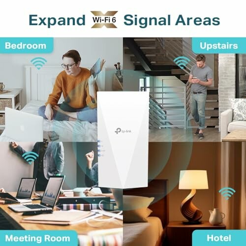 WiFi signal extender shown in various home and office settings including bedroom, upstairs, meeting room, and hotel.